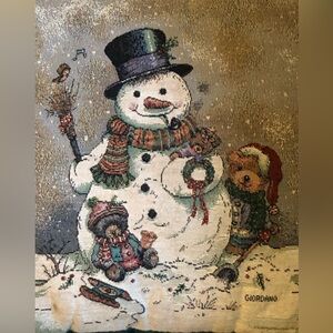 8607 VTG Giordano Tapestry Snowman Pillow Green Back Feat. Snowman with bears